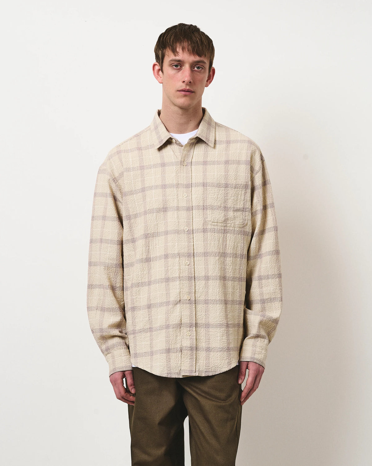 Café Mountain Wrinkled Check Heritage Shirt - Ecru and Aubergine