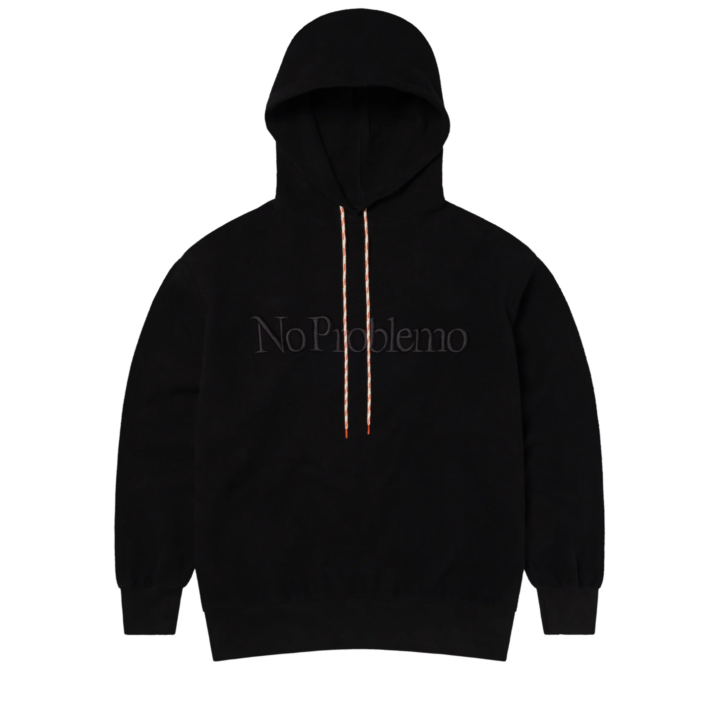 Black hoodie with 'No Problemo' text on a white background