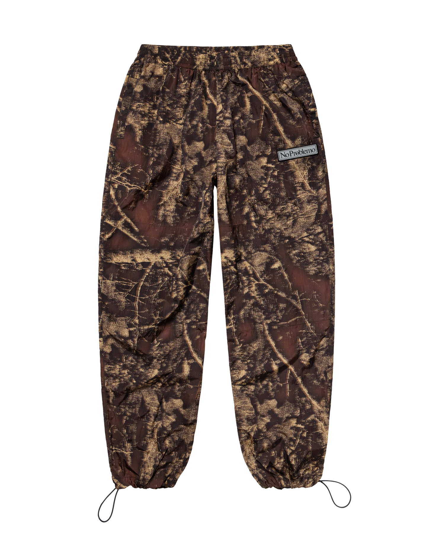 Camouflage pants with a brand logo on a white background