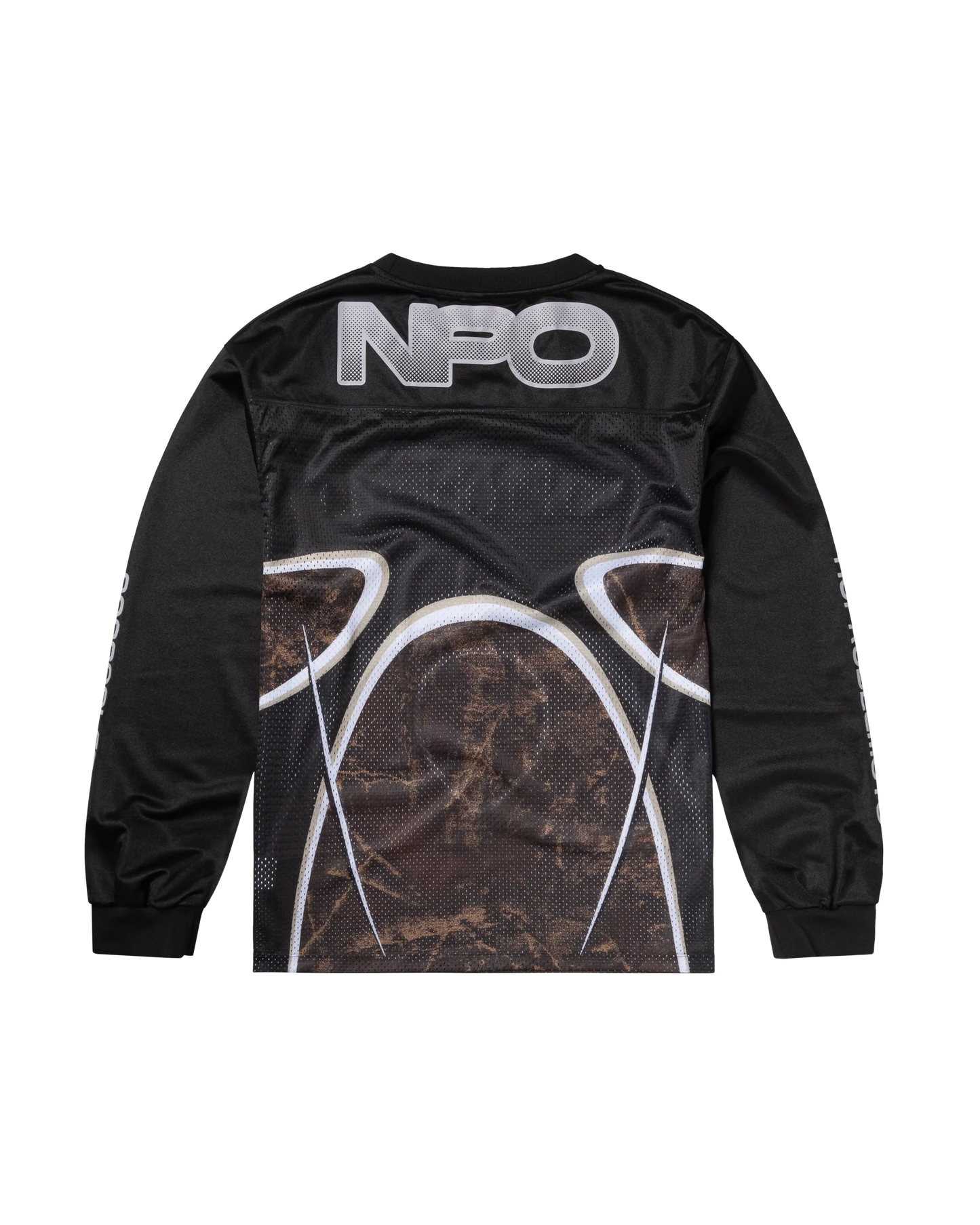 Black long-sleeve shirt with white graphics and 'NPO' branding on a white background