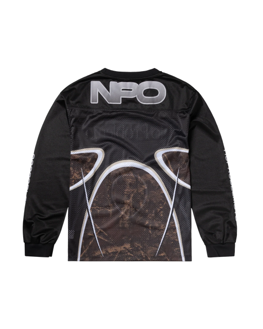 Black long-sleeve shirt with white graphics and 'NPO' branding on a white background