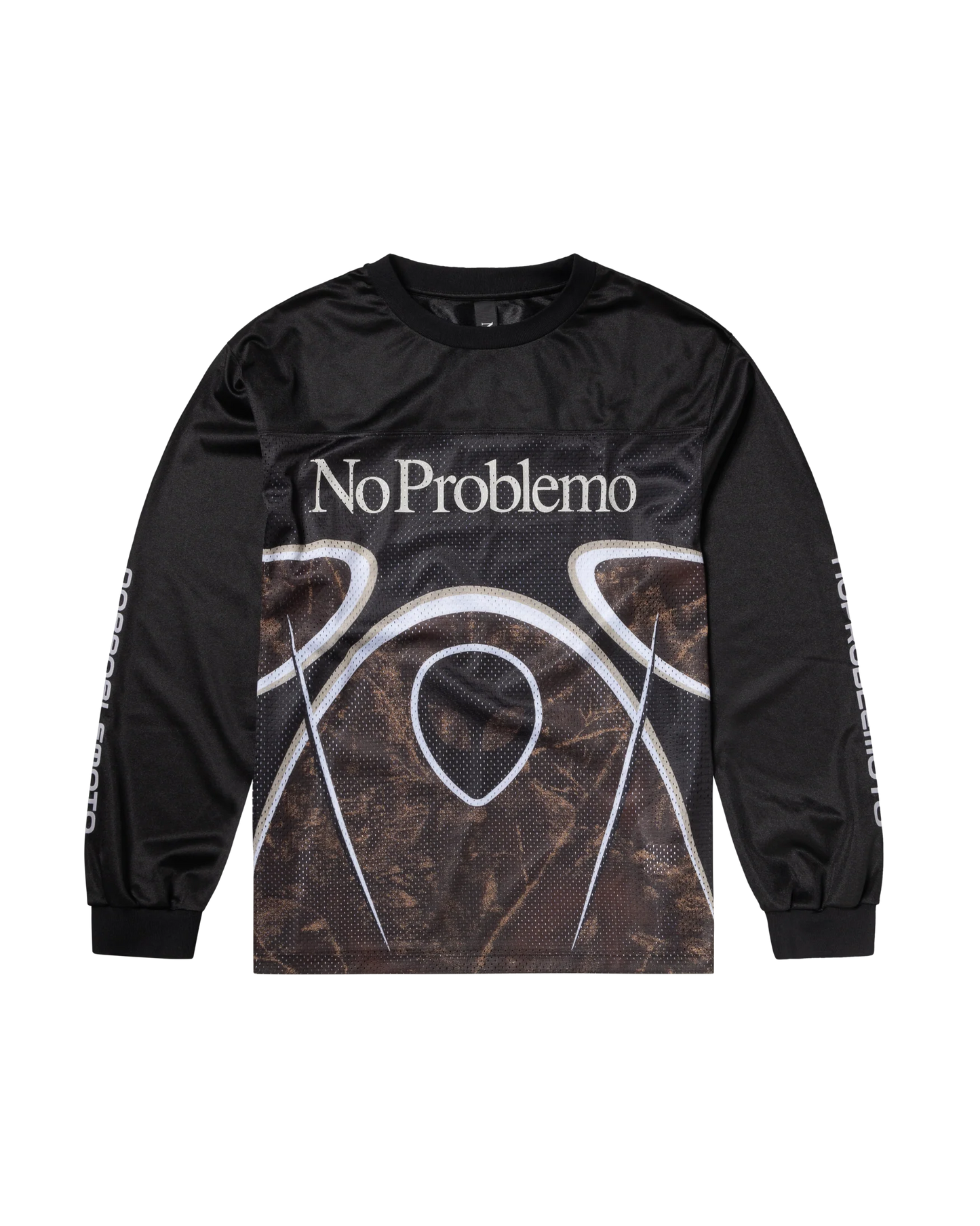 Black long-sleeve shirt with 'No Problemo' text and abstract design on a white background