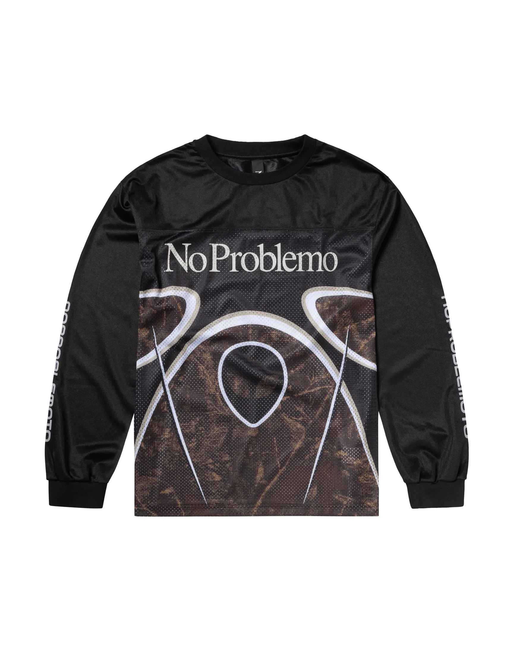 Black long-sleeve shirt with 'No Problemo' text and abstract design on a white background