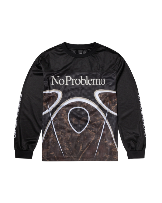 Black long-sleeve shirt with 'No Problemo' text and abstract design on a white background