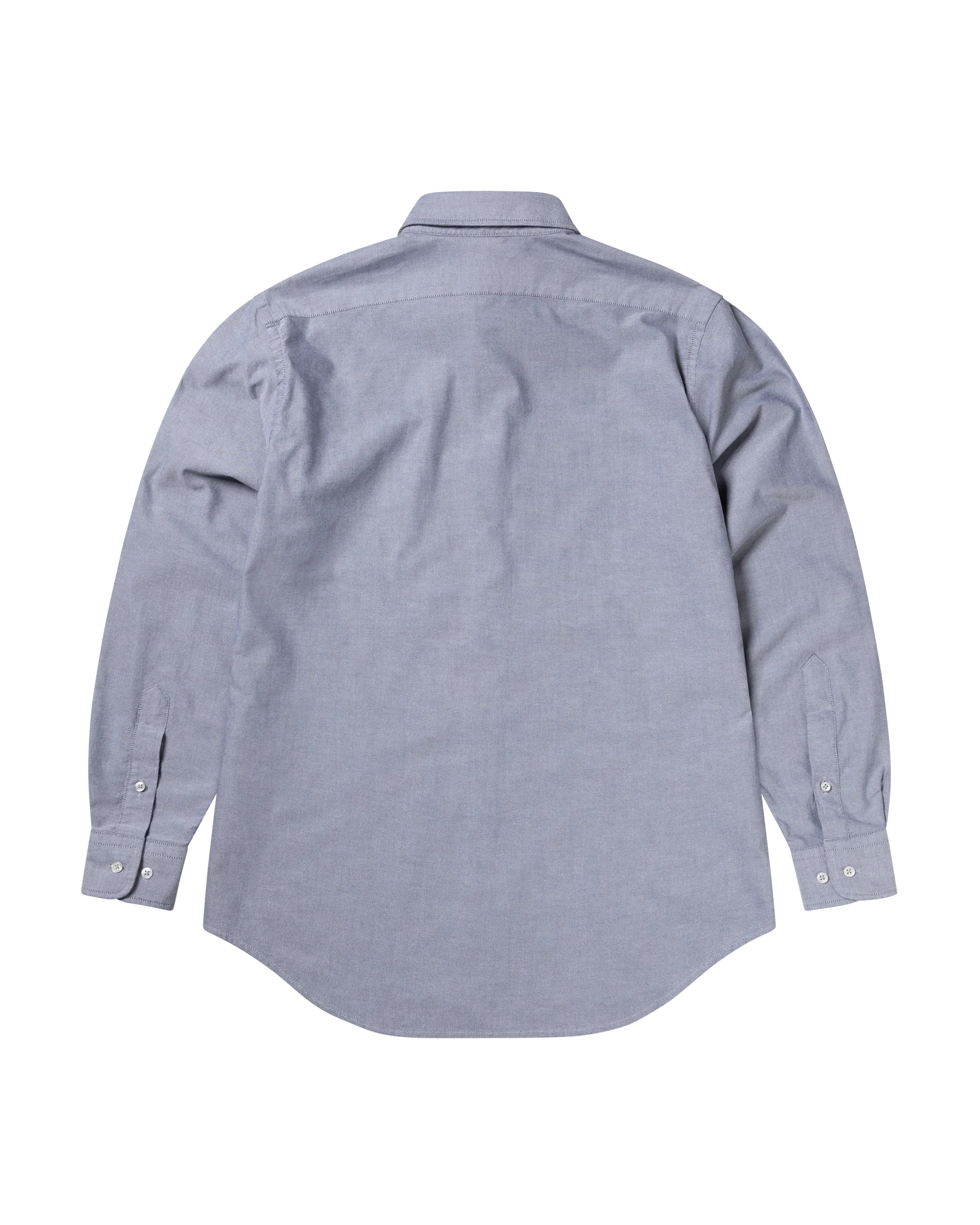 Back view of a light blue button-up shirt on a white background