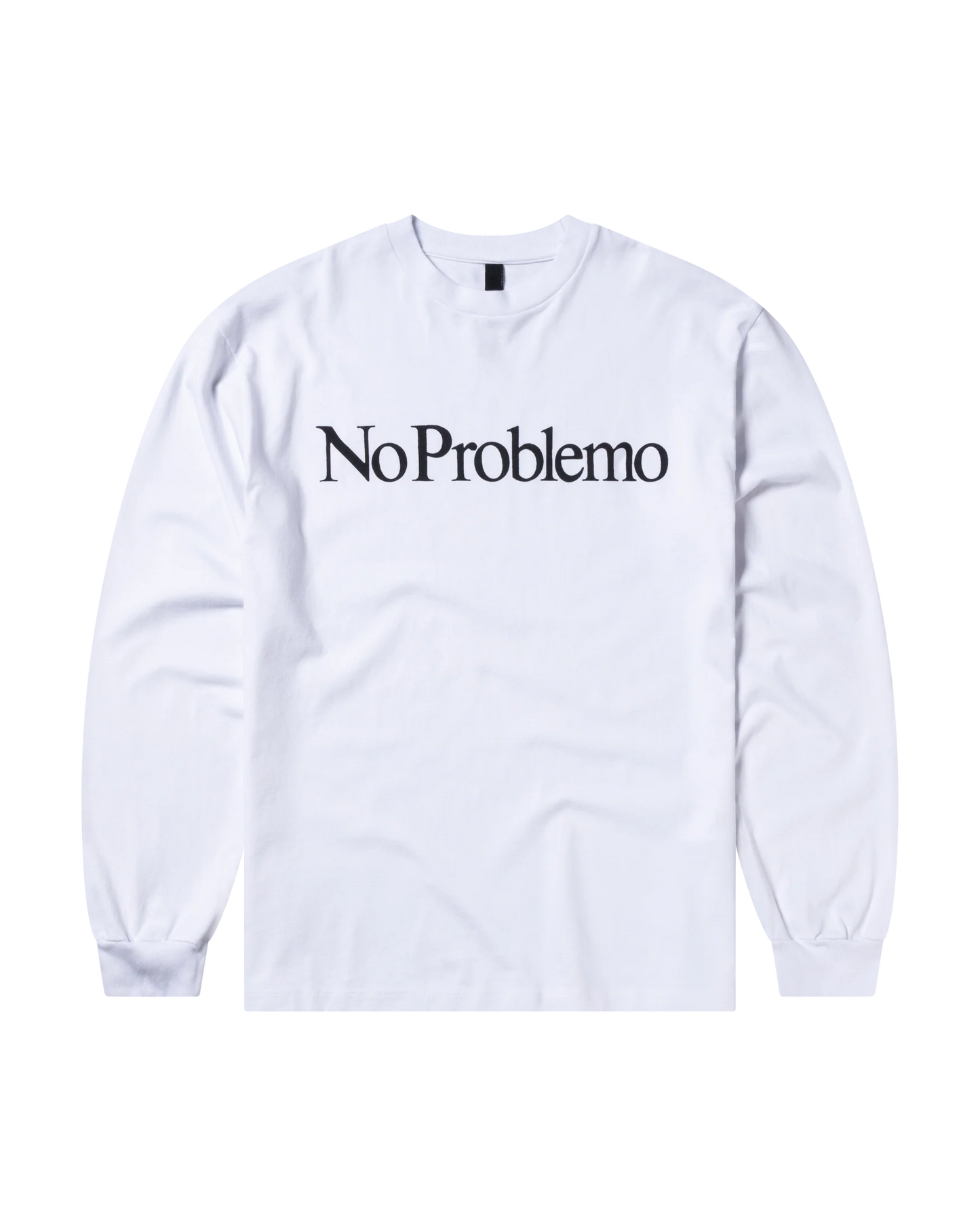 White sweatshirt with 'No Problemo' text on a white background
