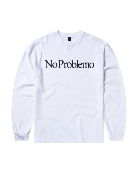 White sweatshirt with 'No Problemo' text on a white background