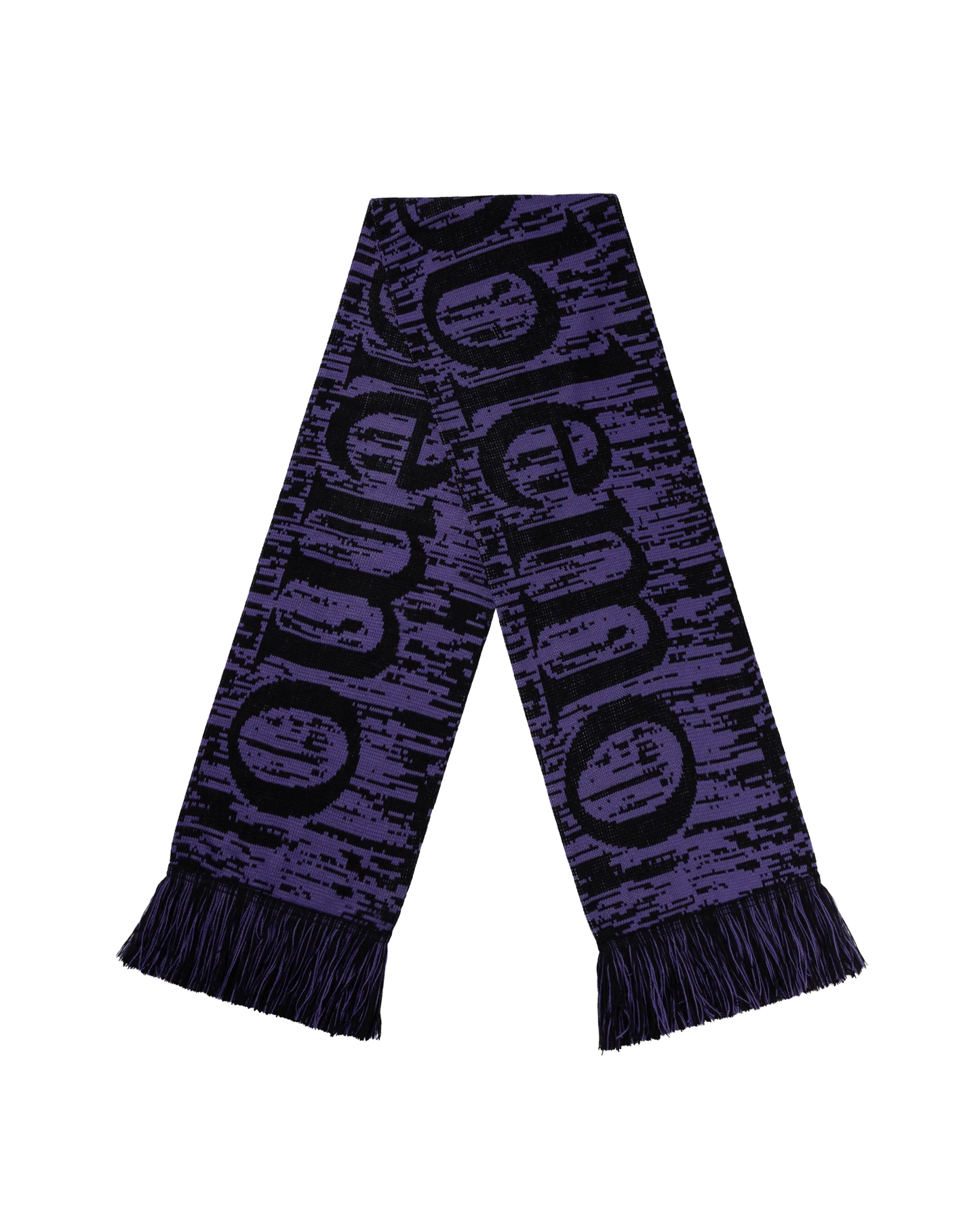 Purple scarf with black text on a white background