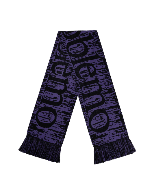 Purple scarf with black text on a white background