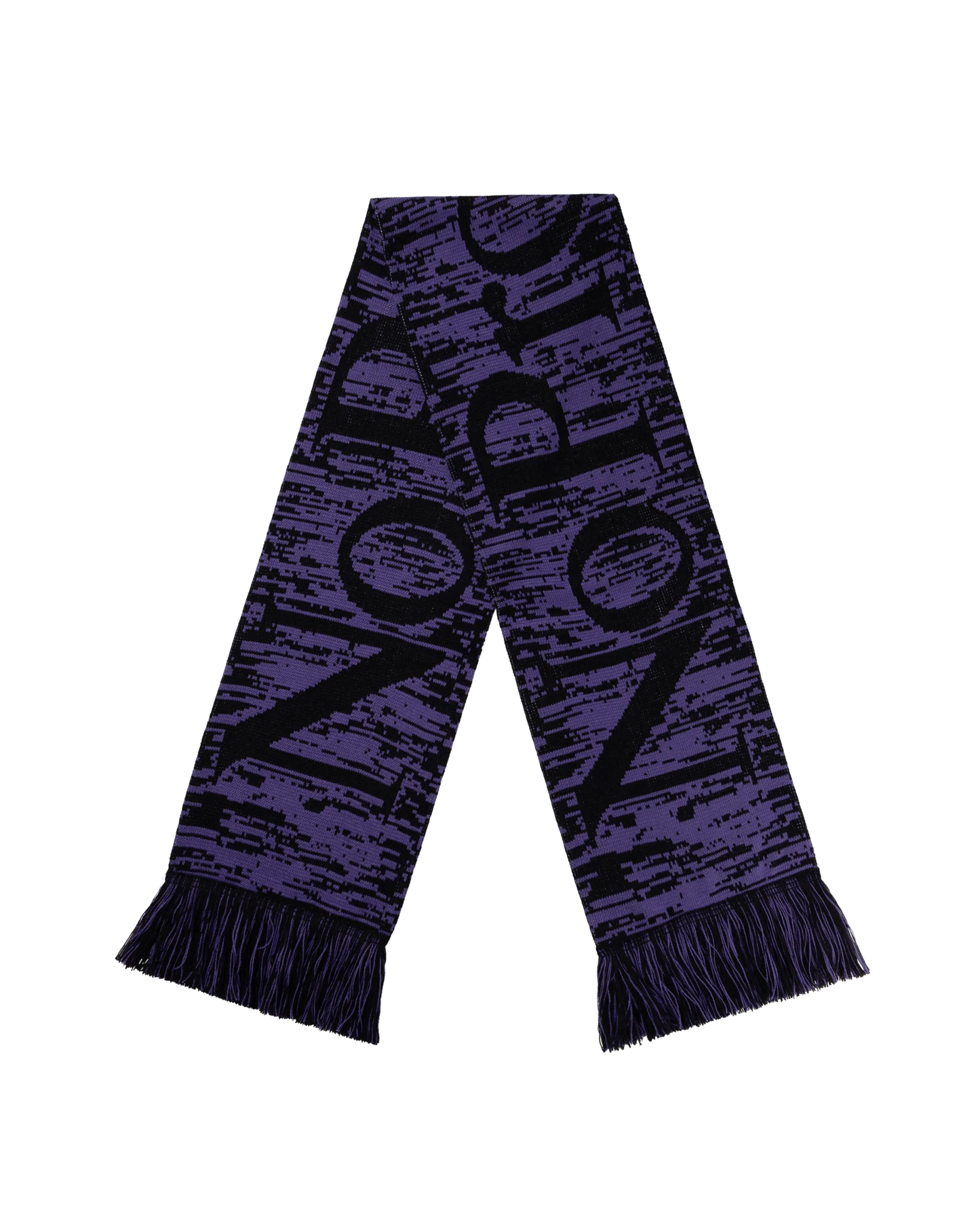 Purple scarf with black text on a white background