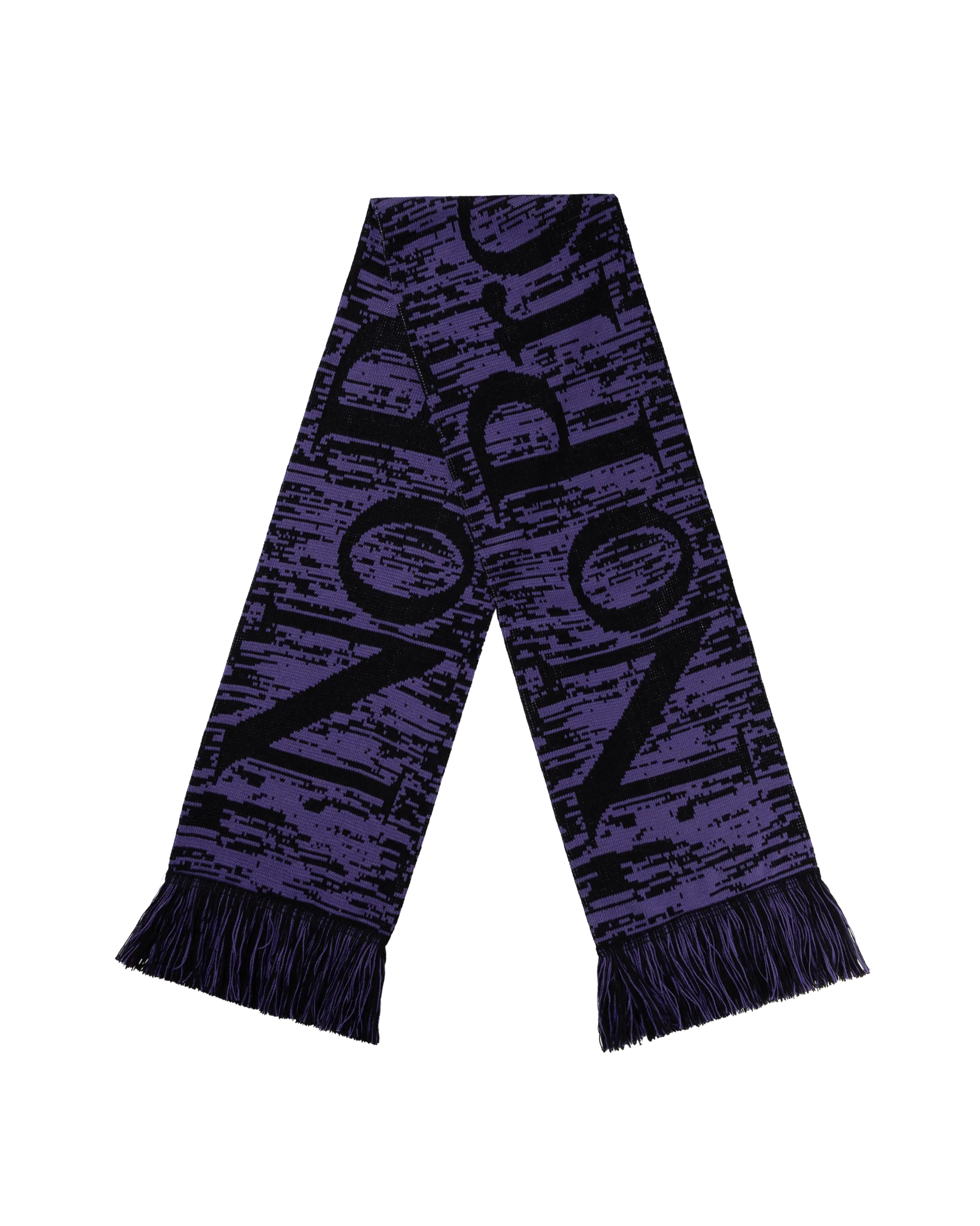 Purple scarf with black text on a white background