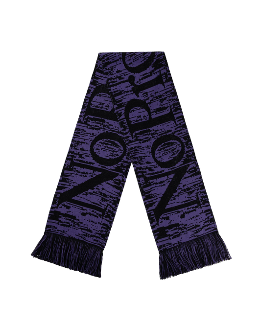 Purple scarf with black text on a white background