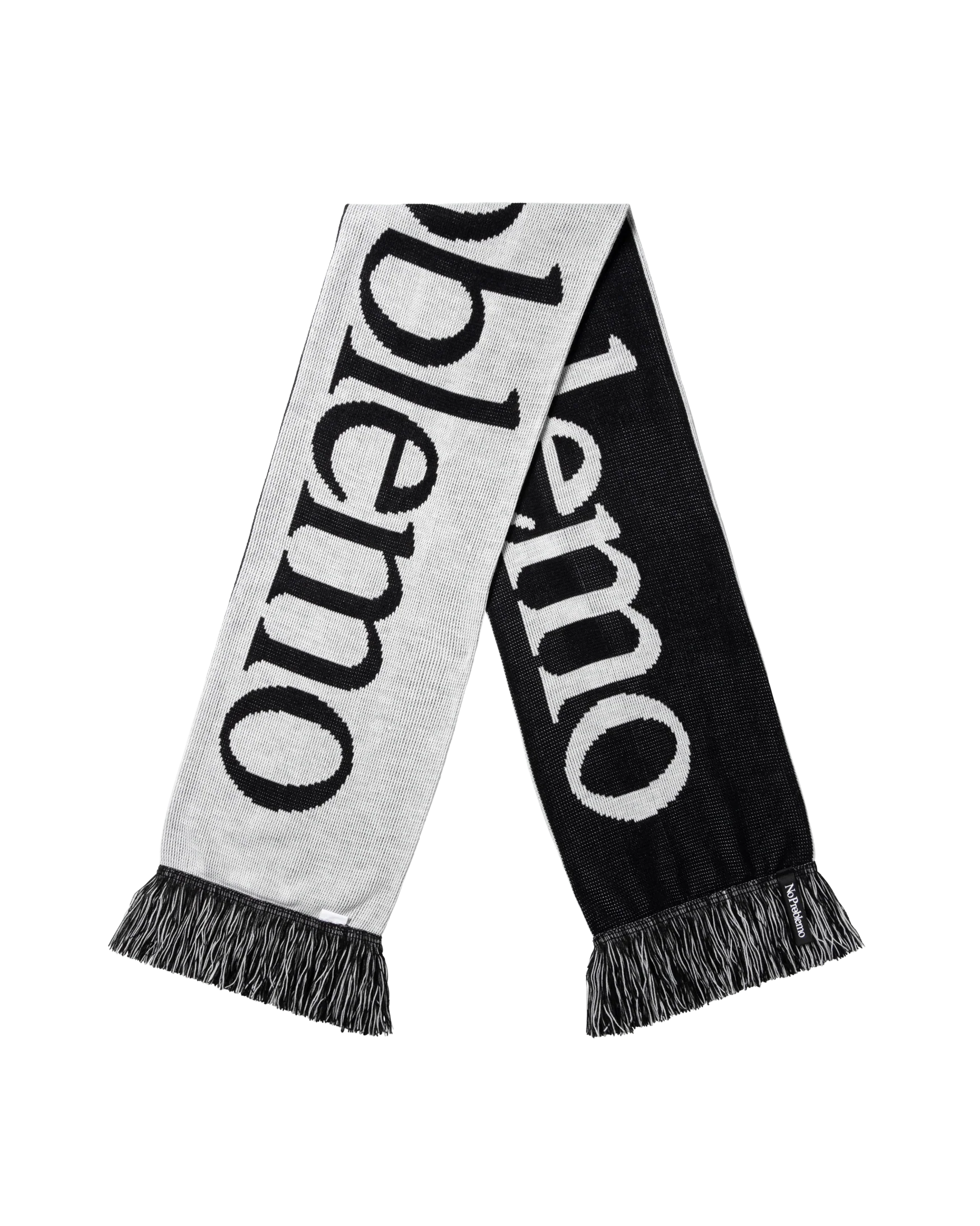 Black and white scarf with 'blemno' branding on a white background