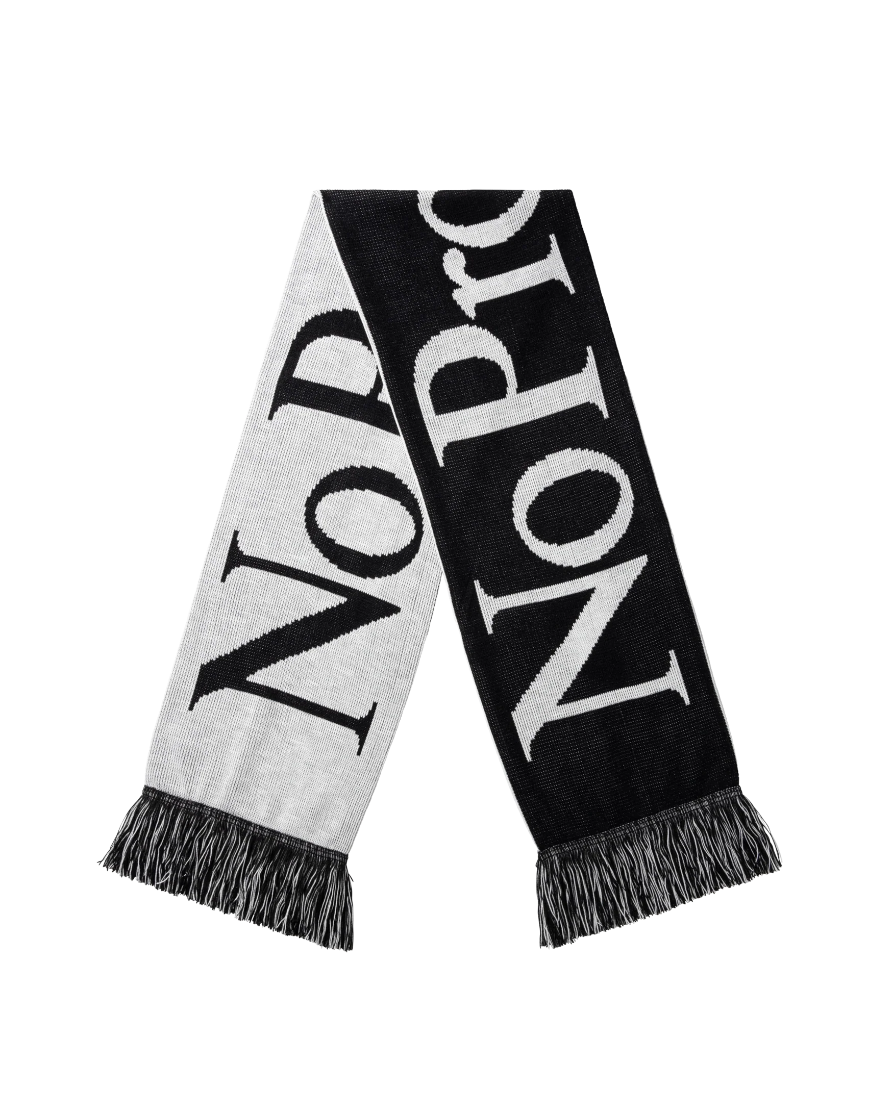 Black and white scarf with 'Norse' branding on a white background