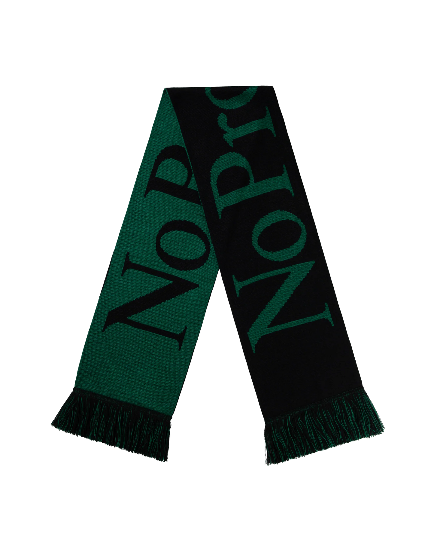 Green and black scarf with 'NO PROBLEMO' branding on a white background