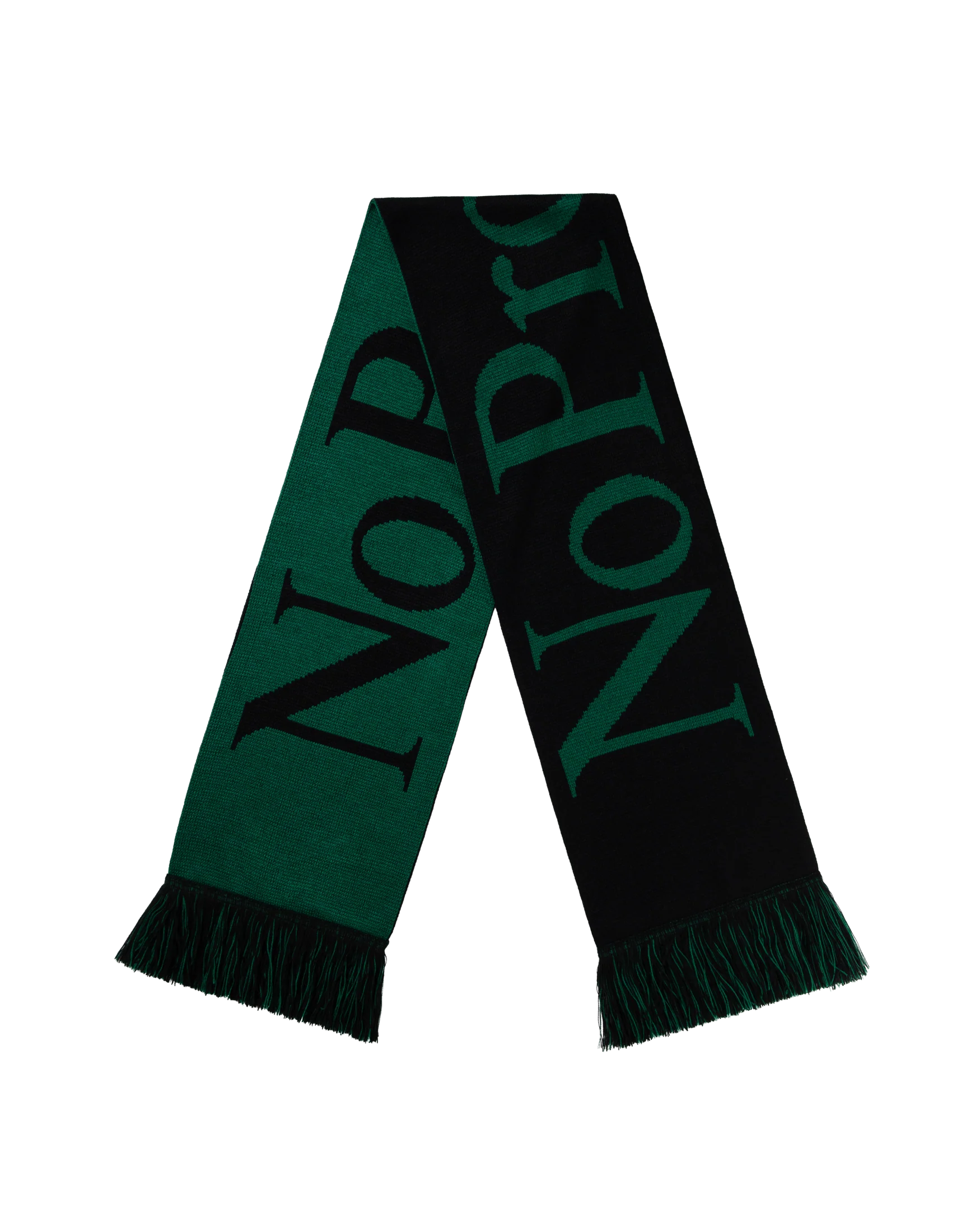 Green and black scarf with 'NO PROBLEMO' branding on a white background