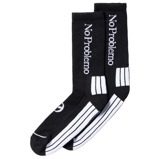 Black socks with 'No Problemo' text and white stripes on a white background