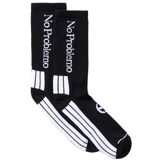 Black socks with 'No Problemo' text and white stripes on a white background