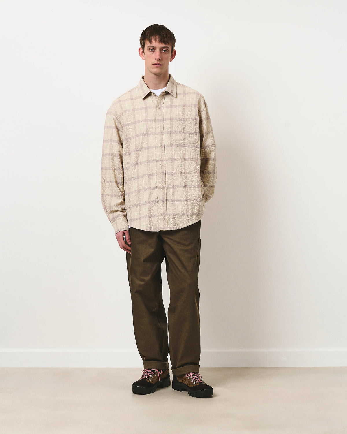 Café Mountain Wrinkled Check Heritage Shirt - Ecru and Aubergine