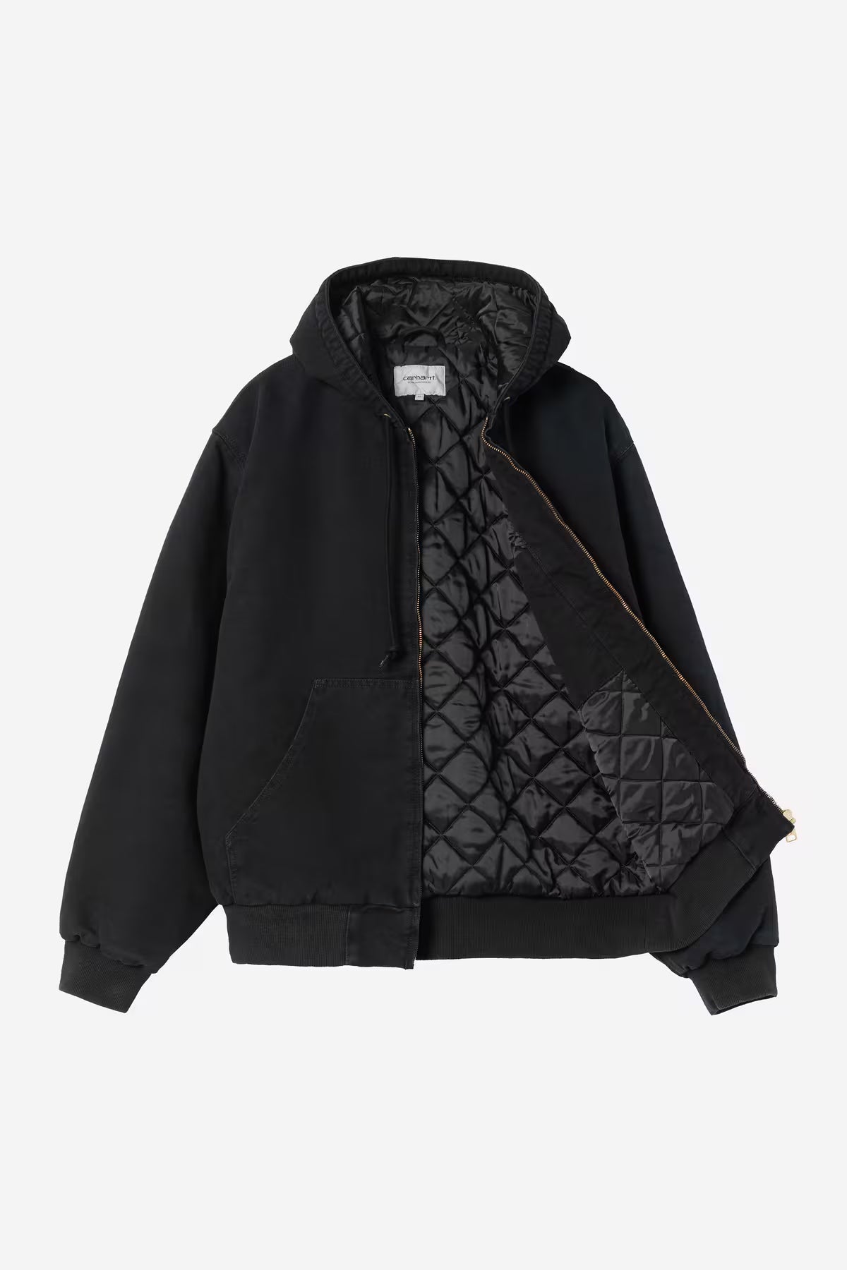 Black jacket with quilted pattern on a white background