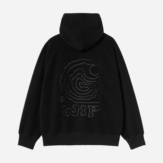 Black hoodie with a logo on the back against a white background