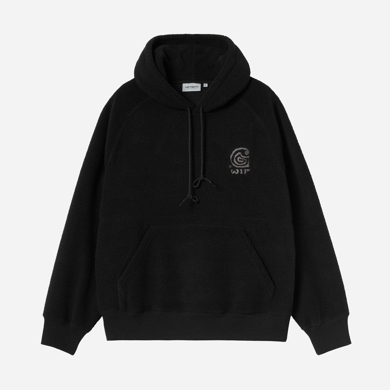 Black hoodie with a logo on the chest against a white background