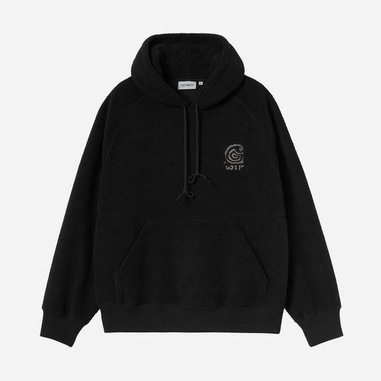 Black hoodie with a logo on the chest against a white background