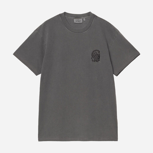 Gray t-shirt with a small logo on a white background