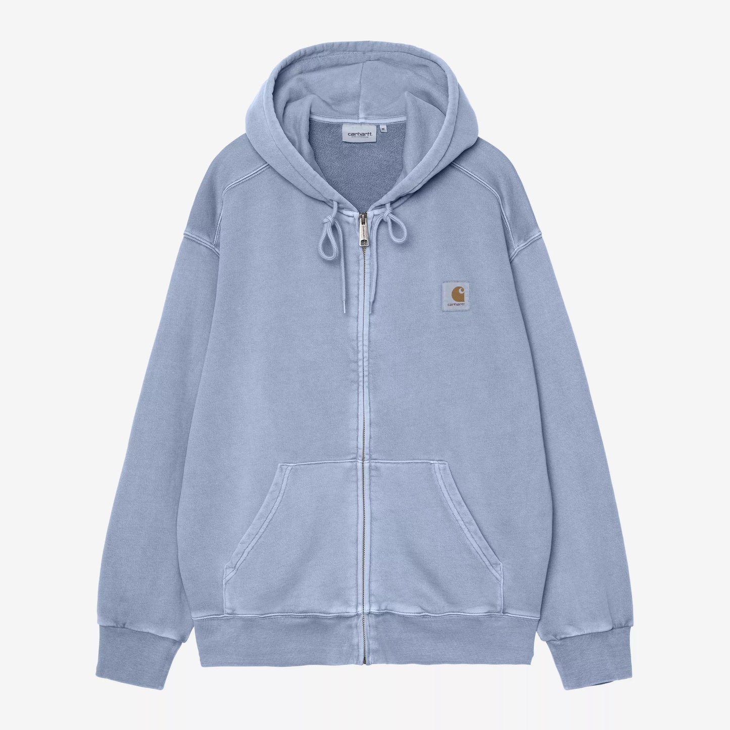 Light blue hoodie with a brand logo on a white background