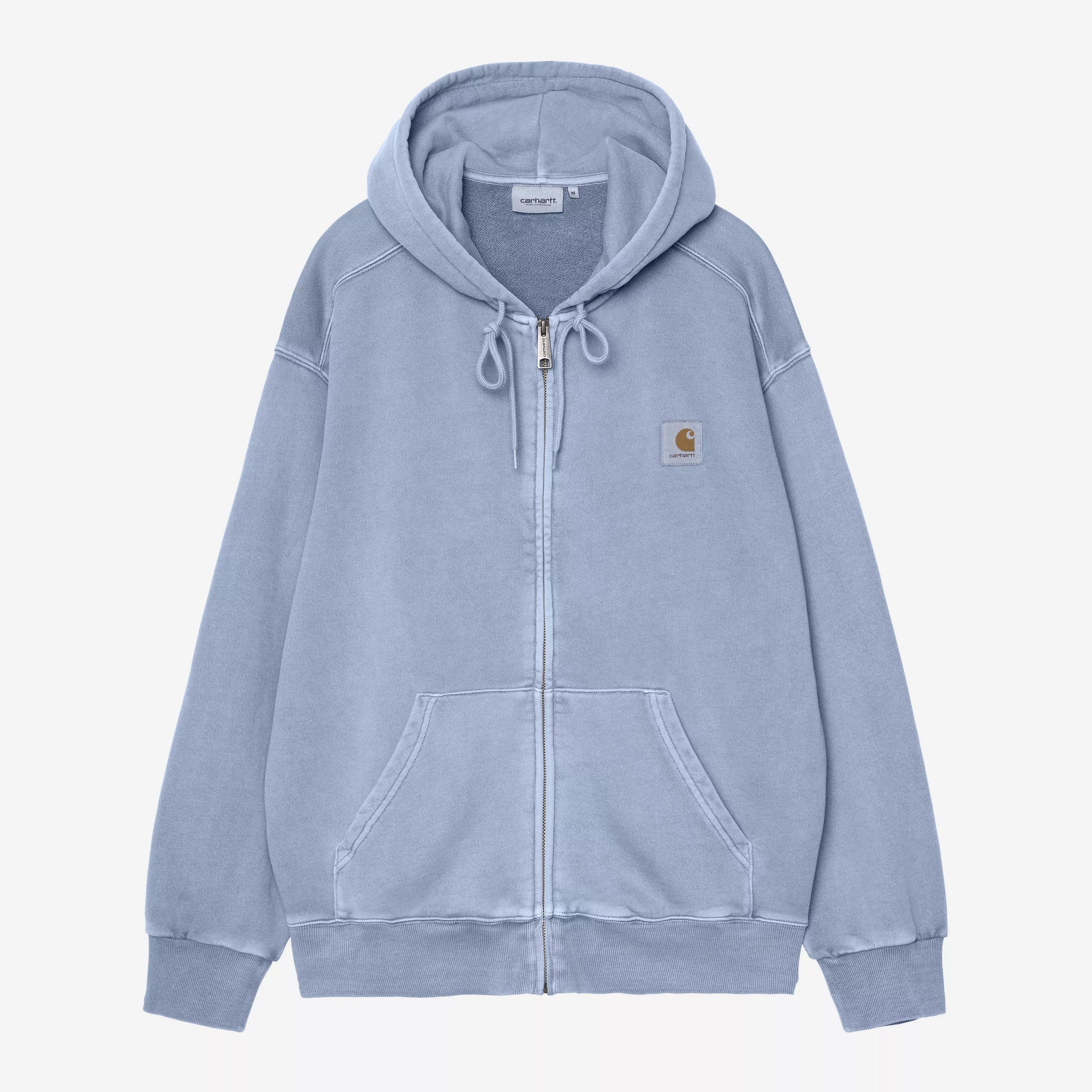 Light blue hoodie with a brand logo on a white background