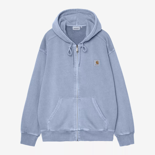 Light blue hoodie with a brand logo on a white background