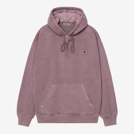 Purple hoodie with a brand logo on a light gray background