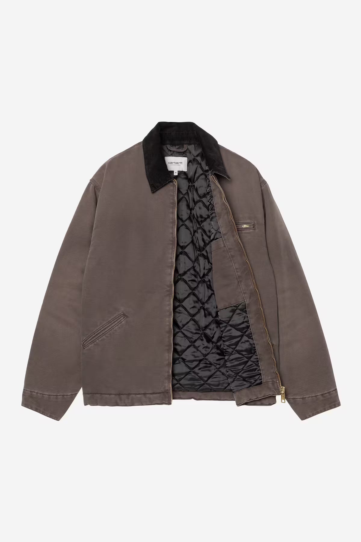 Brown jacket with black quilted lining on a white background