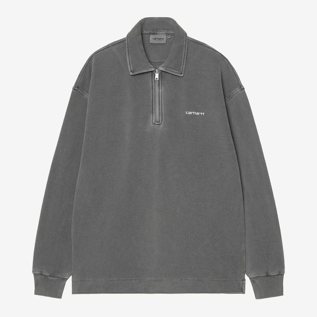 Gray sweatshirt with a brand logo on a white background