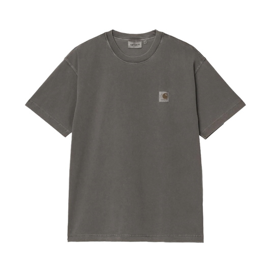 Gray t-shirt with a small logo on a white background