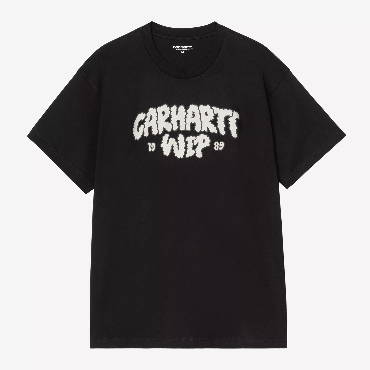 Black t-shirt with white text on a white background
