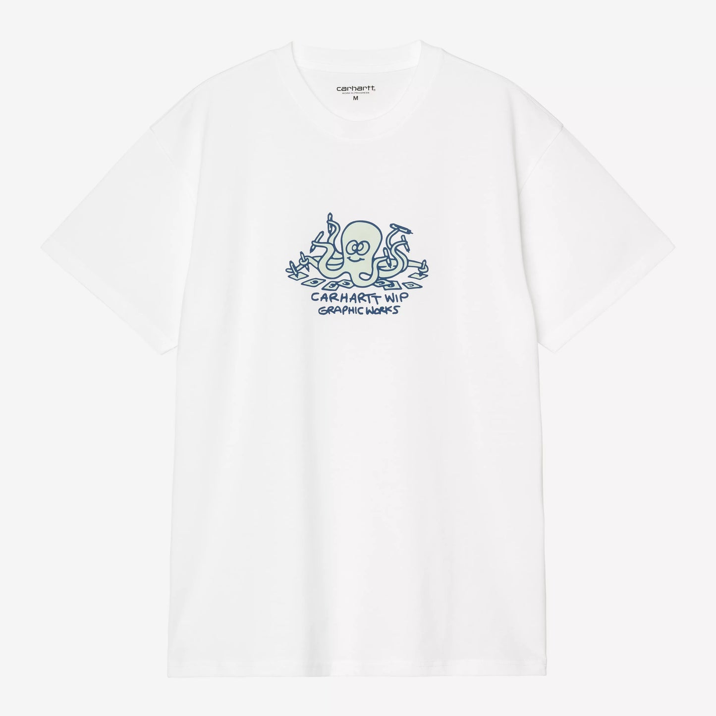 White long-sleeve shirt with a blue graphic logo on a white background