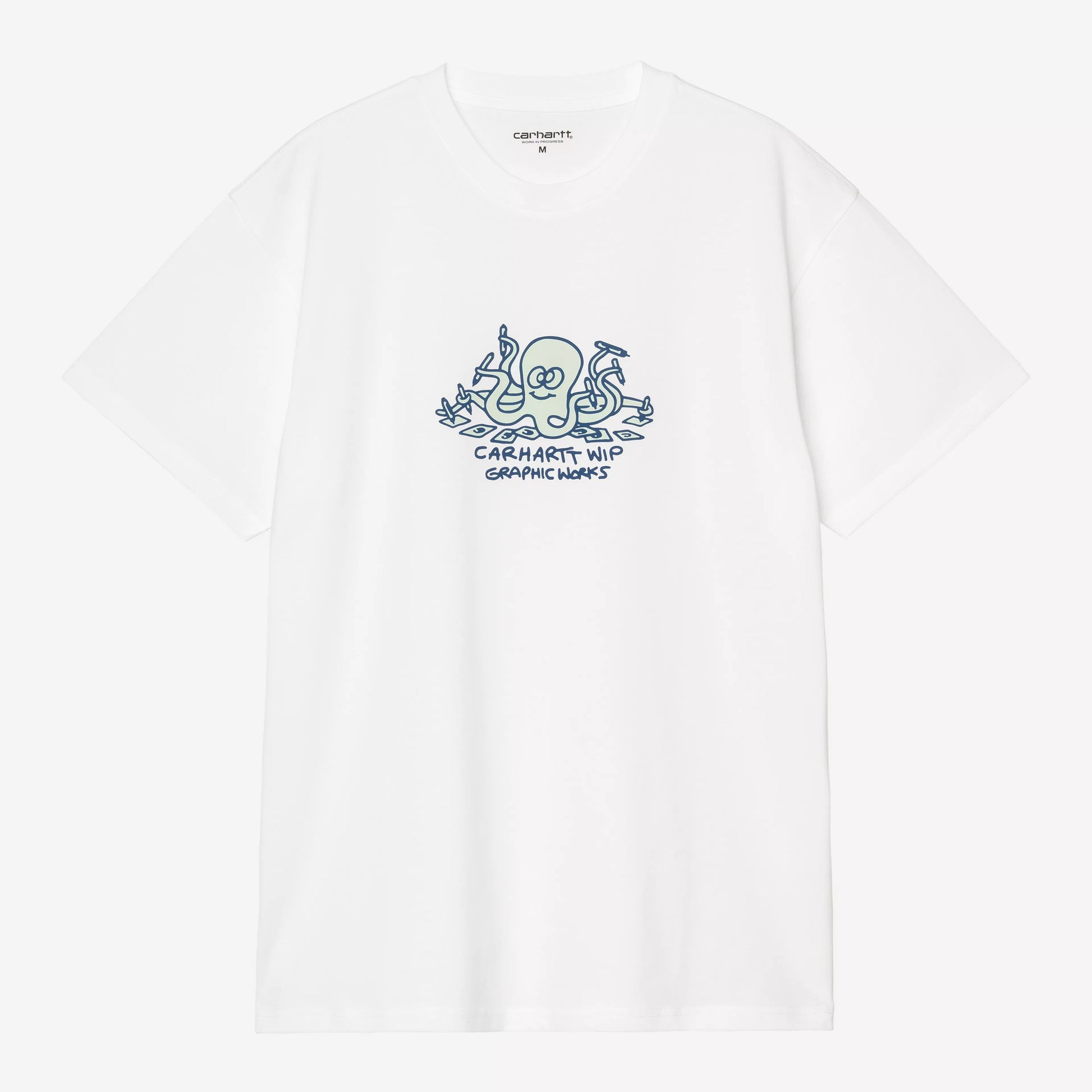 White long-sleeve shirt with a blue graphic logo on a white background