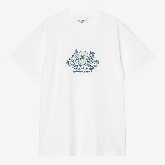 White long-sleeve shirt with a blue graphic logo on a white background