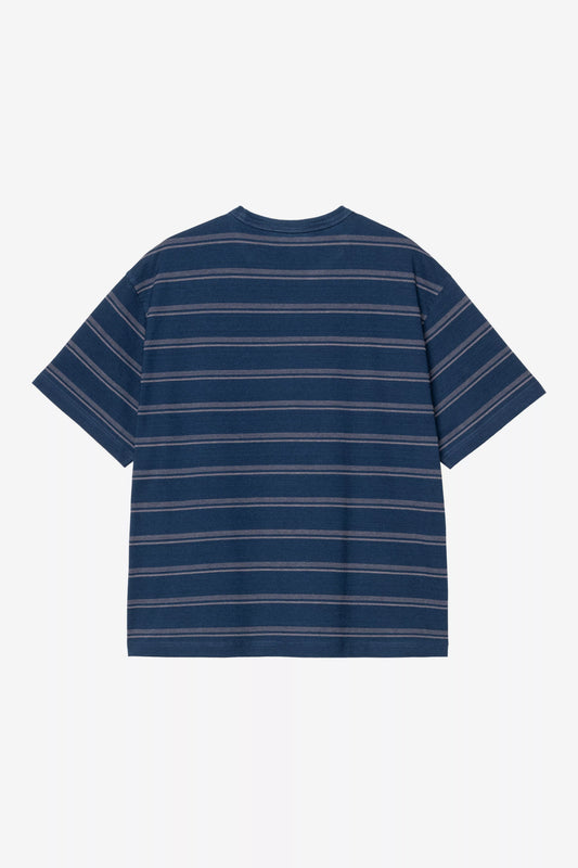 Blue and white striped t-shirt on a white background