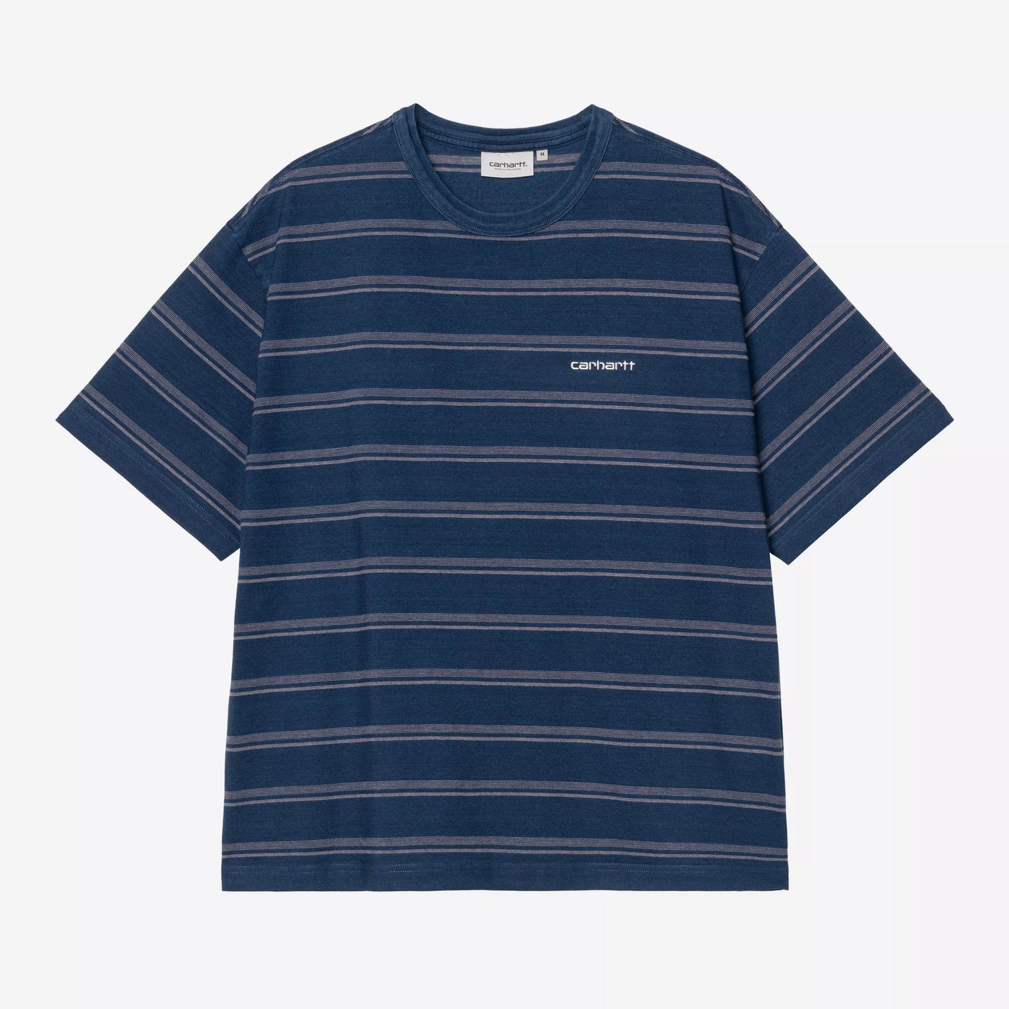 Navy and gray striped t-shirt with a brand logo on a white background
