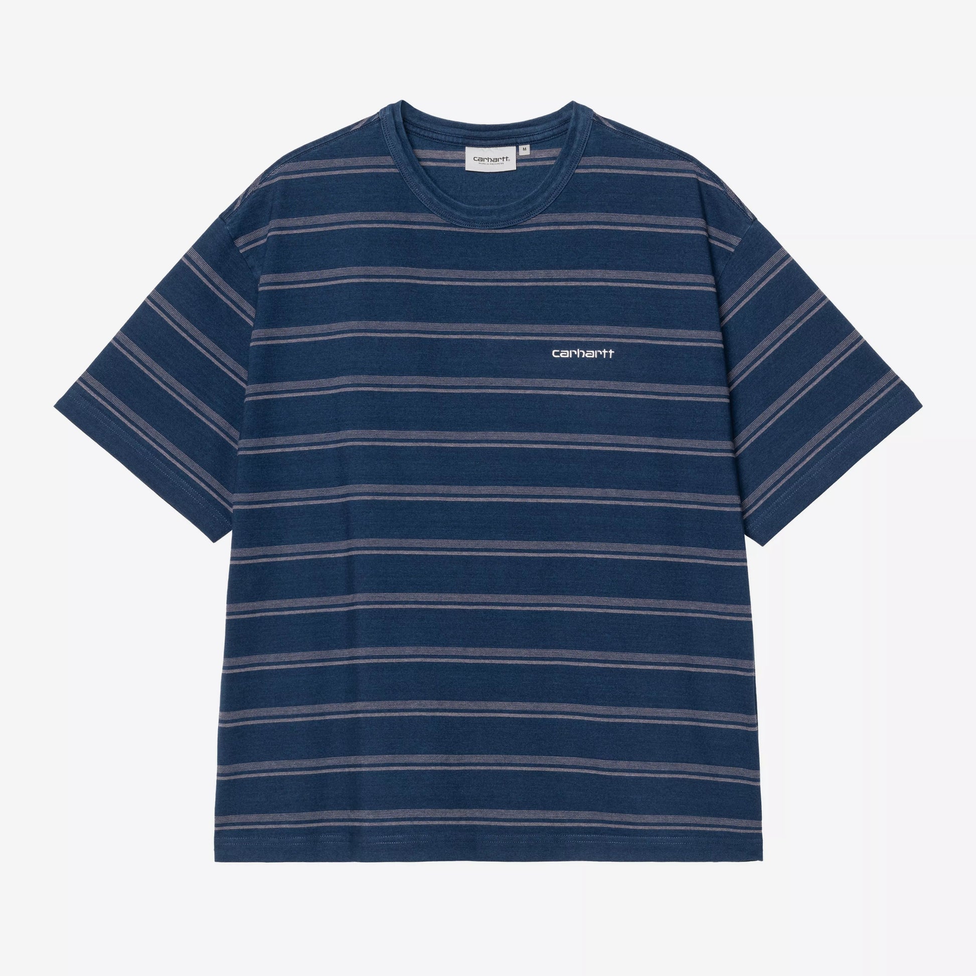 Navy and gray striped t-shirt with a brand logo on a white background