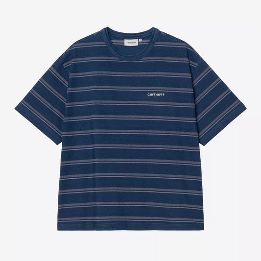 Navy and gray striped t-shirt with a brand logo on a white background