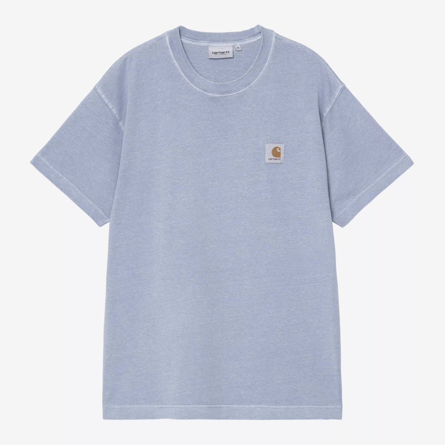 Light blue t-shirt with a small logo on a white background