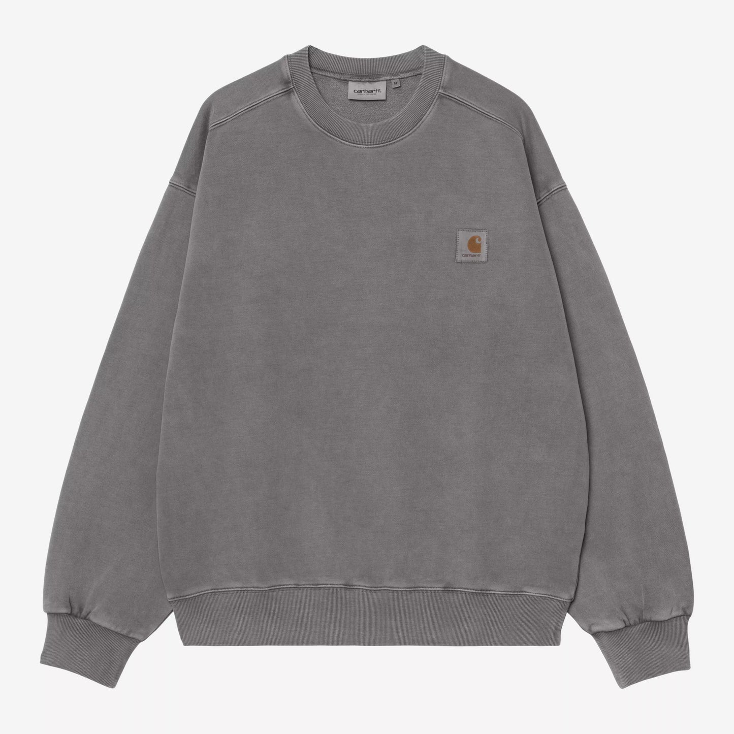 Gray sweatshirt with a brand logo on a white background