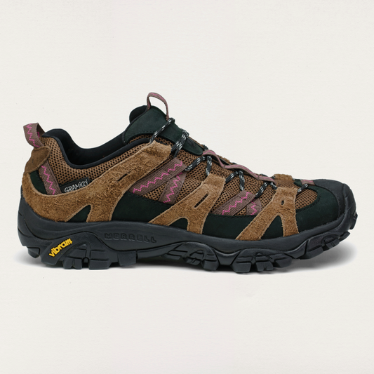 Brown and black hiking shoe on a light beige background