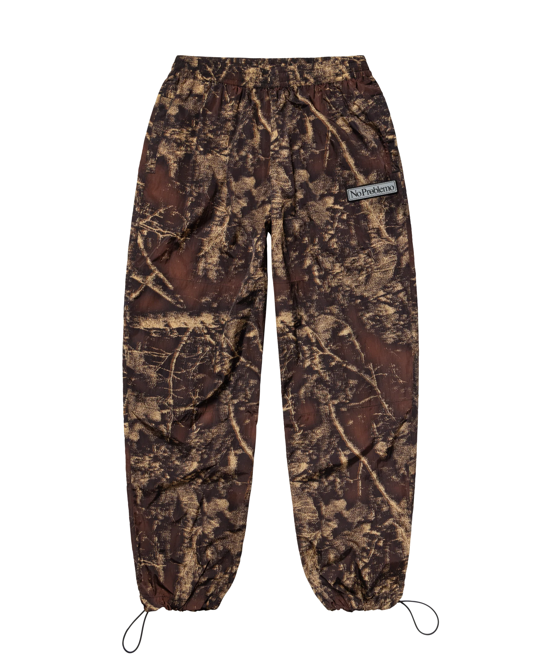 Camouflage pants with a brand logo on a white background
