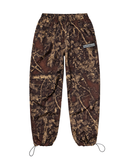 Camouflage pants with a brand logo on a white background