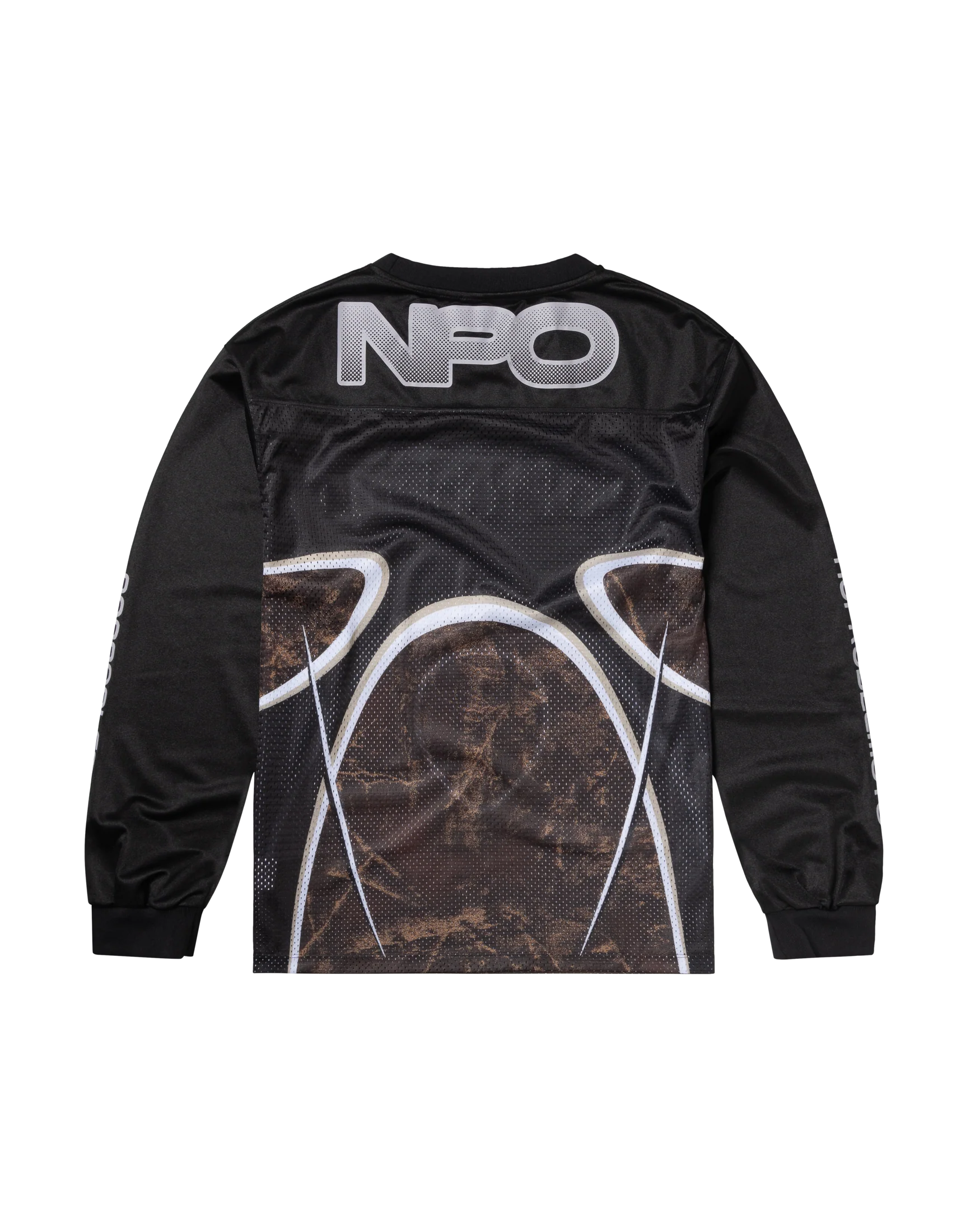 Black long-sleeve shirt with white graphics and 'NPO' branding on a white background