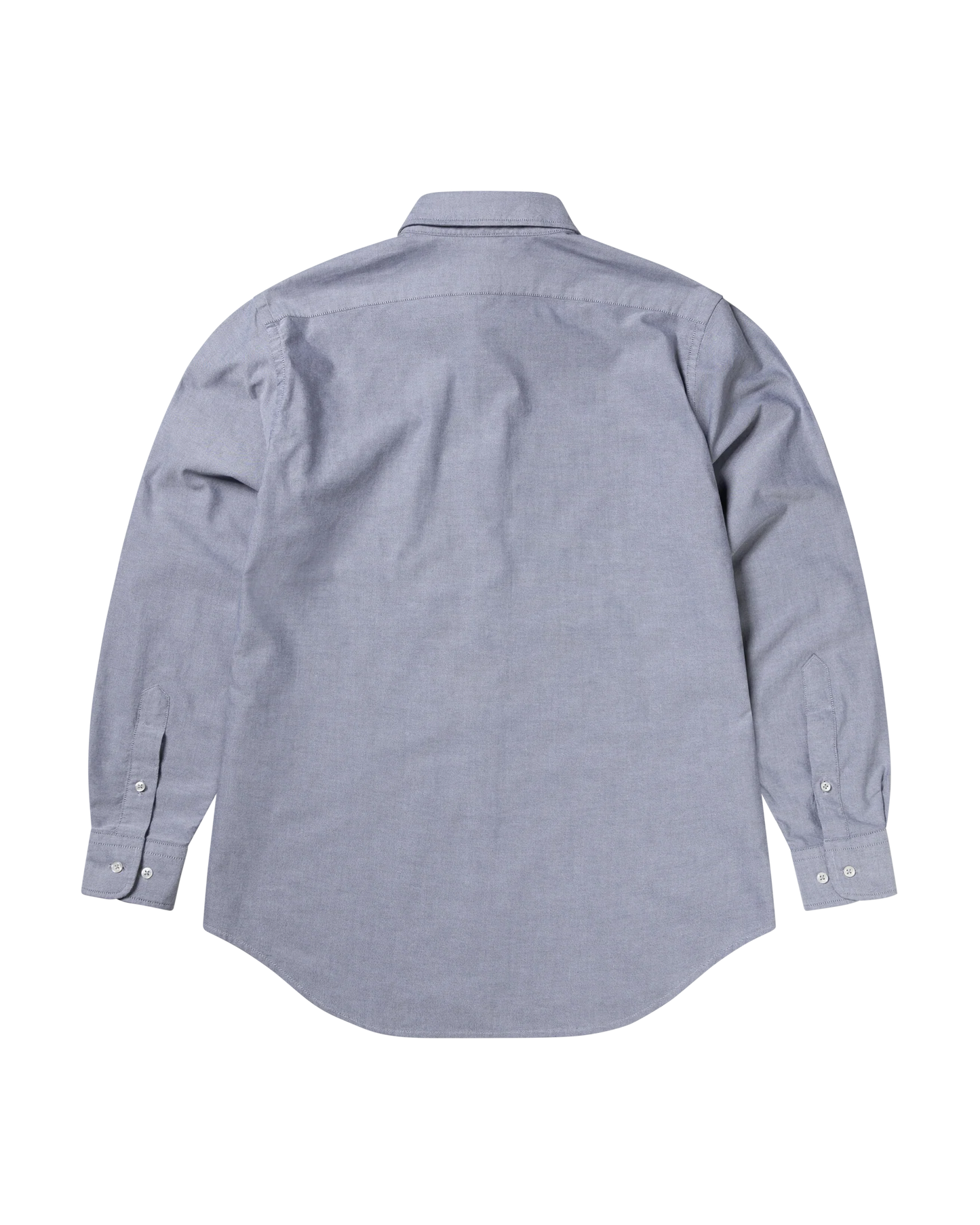 Back view of a light blue button-up shirt on a white background